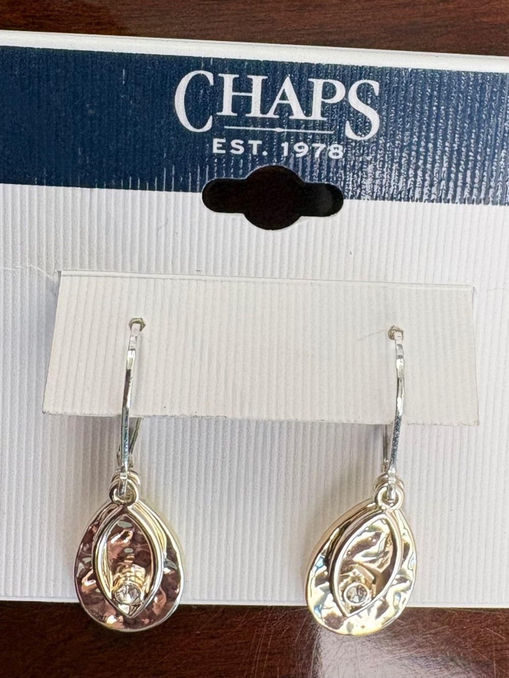 Chaps Silver Tone Teardrop Earrings with a Sparkling Rhinestone Dangling Charm